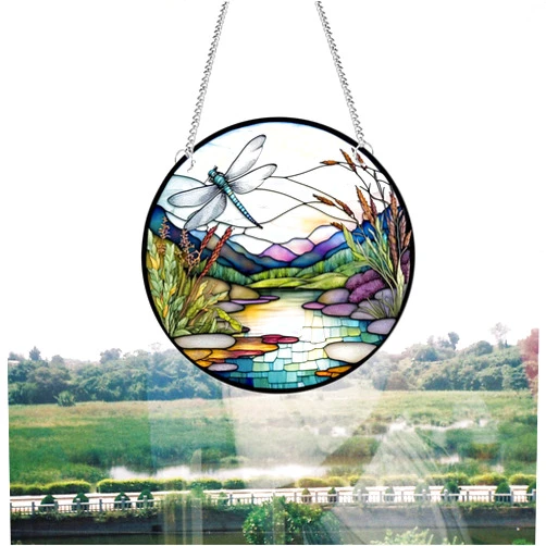 Generic 11.8 Inches Dragonfly Acrylic Window Hanging Decor Nature Mountain Landscape Wall Art Mural for Bedroom Office Garden Stained Panel Hanging Decorative Window Decoration