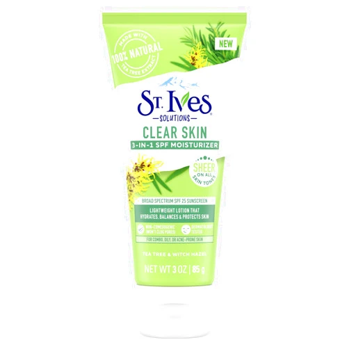 St. Ives Clear Skin Lotion - 3-in-1 SPF 25 Face Moisturizer for Acne Prone, Oily, or Combo Skin, Lightweight Sheer Daily Face Lotion with Tea Tree Extract & Witch Hazel, 3 Fl Oz