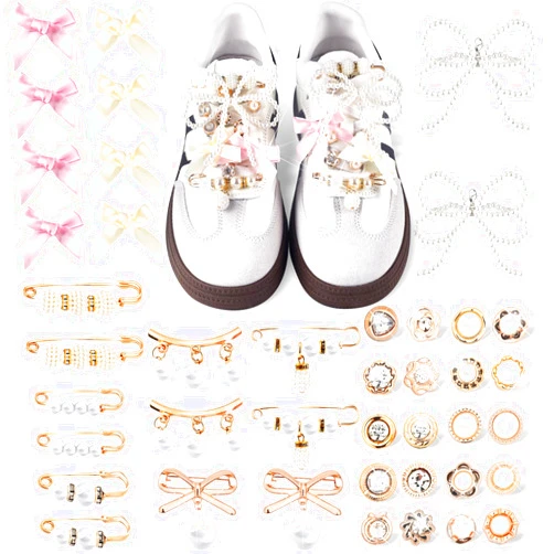 ZLSPTK 42Pcs Charms for Socks Safety Pin Assorted Pearl Bow Shoe Charms for Sneakers Bulk Brooch and Pins for Women Gold Junk Socks Charms Kit Jewelry Accessories Button Pins for Sock Shoe Clothes Hat Scarf