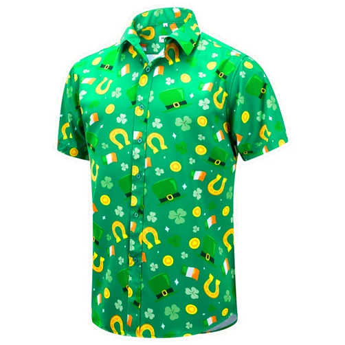 J&DHUASHA Mens St Patrick's Day Shirt Shamrock Irish Printed Green Clover Hawaiian Button Down Short Sleeves Shirts