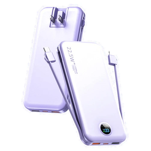 Citicr Portable Charger, 12000mAh 22.5W USB C Fast Charging Power Bank with Built-in Cables and AC Wall Plug, Smart LED Display Travel Essentials Battery Pack Compatible with iPhone, iPad, Samsung etc Purple