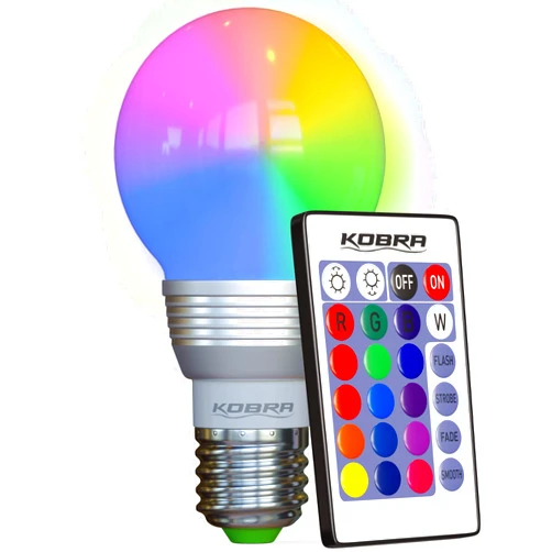 KOBRA Products Kobra LED Color Changing Light Bulb with Remote Control - 16 Different Color Choices Smooth, Fade, Flash or Strobe Mode - Smart Remote Lightbulb -RGB & Multi Colored