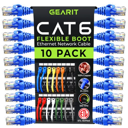 GearIT 10-Pack Cat6 Patch Cable 10 Feet Cat 6 Ethernet Cable Snagless Flexible Soft Tab - Preimum Series - Blue