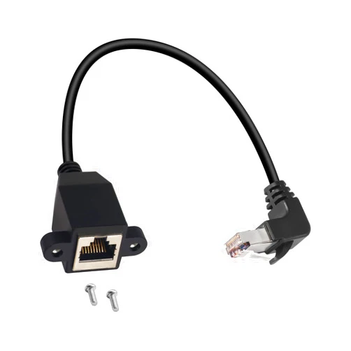 QIANRENON 90°Angle RJ50 10P10C Panel Mount Ethernet Extension Cable, 10P 10C Female to Right Angle Male Communication Extension Cable, Cat5E, Shielded, 30cm/11.8in (Up Bned)