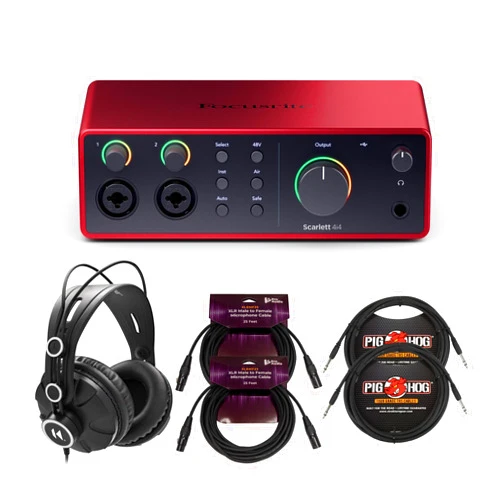 Focusrite Scarlett 4i4 4th Gen USB Audio Interface with Hi-Z Instrument Bundle with Knox Gear TX-100 Headphones, Two Knox Gear 6-Feet Cables, and Two FocusProAudio 25-Feet Microphone Cable (6 Items)