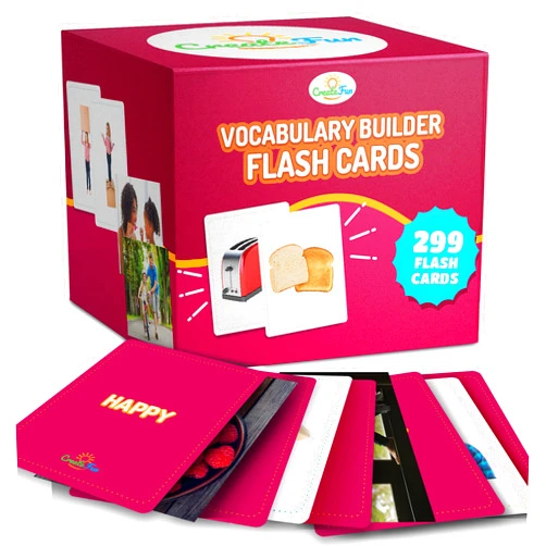 CreateFun Vocabulary Builder Flash Cards - 299 Educational Photo Cards for Home, Speech Therapy Materials, ESL Teaching Materials - Emotions, Matching Go Togethers, Nouns, Opposites, Prepositions, Verbs