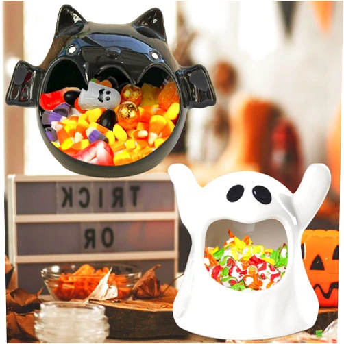 Jremreo 2 Pack Halloween Candy Bowls, 4 Inch Ceramic Ghost and 6.3 Inch Bat Holders, Trick or Treat Dish Candle Holder for Tiered Tray, Ornament Tableware Centerpieces, Gifts and Party Decorations
