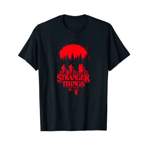 Stranger Things Group Shot Bike Ride Upside Down Silhouette T-Shirt