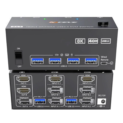 NAWEN HDMI Displayport KVM Switch 3 Monitors 2 Computers 8K@60Hz/4K@144Hz, USB3.0 KVM Switches for 2 PC Sharing Triple Monitor and Keyboard Mouse with Power Adapter,Wired Extend Controller and USB3.0 Cables