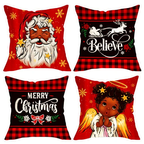 Ussap Christmas Black Santa Claus Girl Decorative Throw Pillow Covers 20x20 Set of 4, Xmas African American Believe Reindeer Cushion Case Decor, Buffalo Plaid Winter Holiday Farmhouse Home Decoration