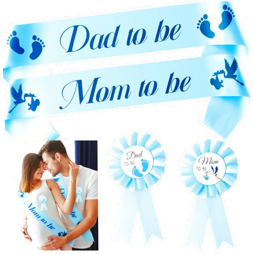 2ooya 4Pcs Stork Maternity Sash Set Blue Stork Mom to Be & Dad to Be Sash Kit with Corsage Pin Stork Theme Pregnancy Sash Keepsake for Boy and Girl Baby Shower Gender Reveal Party Photo Prop Gift