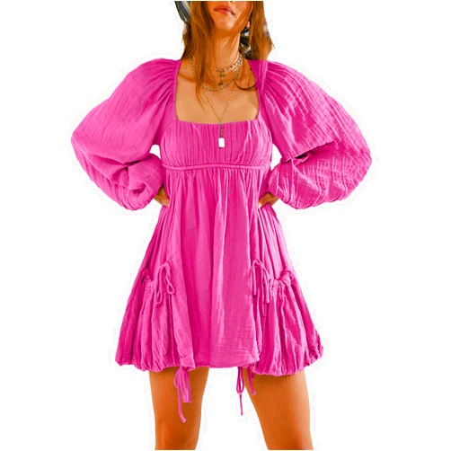 Shiyifa Women's Summer Mini Dress Casual Square Neck Long Sleeves Loose Sundress with Pockets(Rose-Red,XL), X-Large