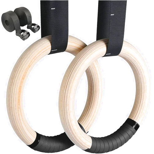 LIFERUN Gymnastics Rings, Olympic Rings Wooden 1100lbs with Adjustable Metal Buckle 16.7ft Long Straps, Pull Up Rings Workout Rings for Home Gym