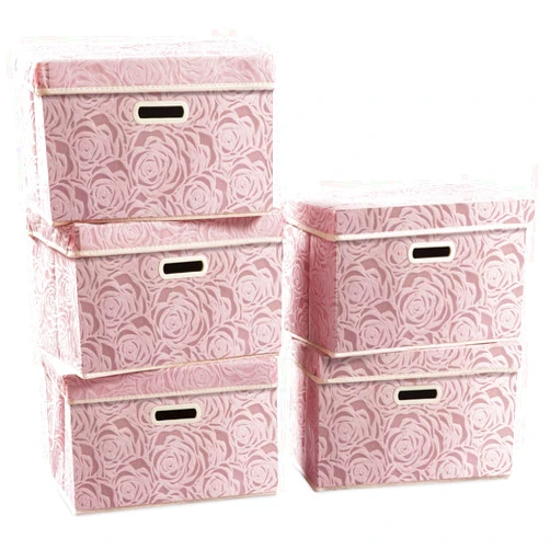 PRANDOM Collapsible Storage Boxes with Lids [5-Pack] Fabric Decorative Storage Bins Cubes Organizer Containers Baskets with Cover Handles Divider for Bedroom Closet Living Room Pink 14.9x9.8x9.8 Inch