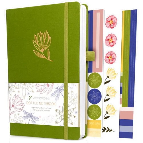 VIVID SCRIBBLES Bullet Dotted Journal – 160gsm No Bleed Thick White Paper – 200 Numbered Dot Grid Pages – a5 Dotted Notebook Includes a Gift Box and Journal Stickers