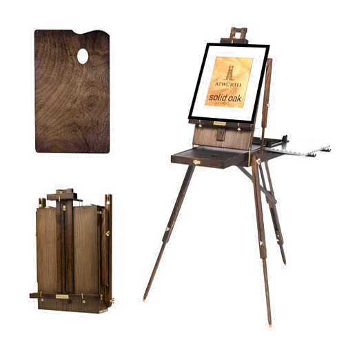 ATWORTH French Easel for Painting, Deluxe Oak Wooden Field & Studio Sketchbox Easel Stand with Metal Side Tray, Portable Tabletop & Tripod Floor Painting Easel, Holds Canvas up to 34