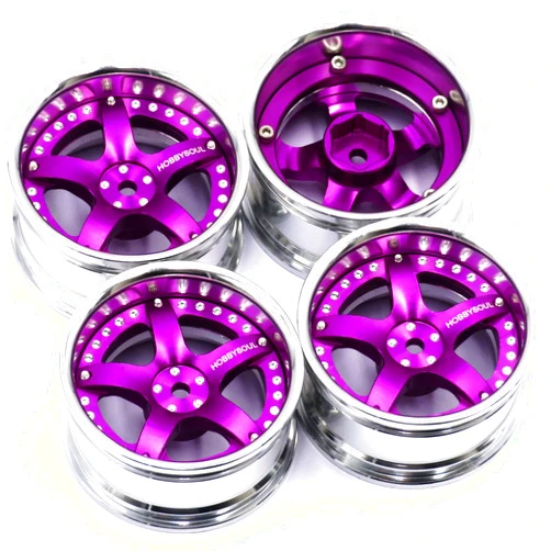 Hobbysoul 4pcs RC 1/10 Aluminum Alloy Wheel Rims Hex 12mm Adjustable Offset Rims Purple & Silver Color for 1:10 RC Model on Road Touring car (Purple & Silver Color)