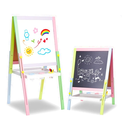 Woodenland Easel for Kids, Double Sided Wooden Easel with Magnetic Chalkboard &Painting Board, Foldable Art Easel for Toddlers 3 Years Old Height Adjustable