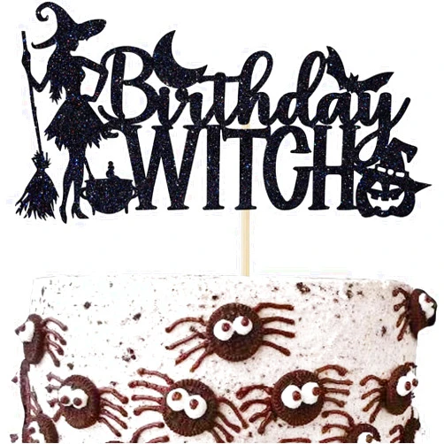JJzxwish 1Pcs Happy Halloween Cake Topper Black Glitter Cake Topper Castle Witch Pumpkin Cupcake Topper Ghost Bat Halloween Cake Decorations Cake Pick for Halloween Birthday Baby Shower Party Supplies