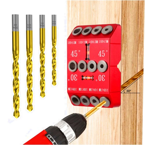 VASTHOME 30 45 90 Degree Angle Drill Guide Jig for Hand Drill, Angle Drill Guide for Straight Holes and Angle Drilling, used for Stairs Handrails, Cable Railings, Decks, and Wood Posts Level design，with 4 Bits