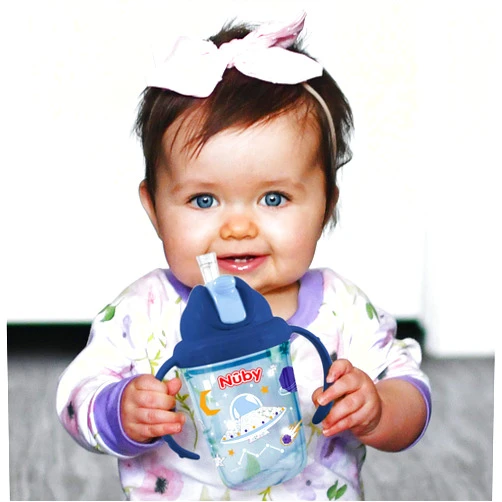 Nuby No Spill Flip N Sip 2 Handle Tritan 360 Weighted Straw Glitter Print - 8oz/ 240 Ml/ 12 M+, Colors Vary: Blue Space, Red Dinosaur, Pink Fox, Green Swan