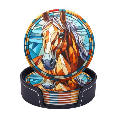 TOMASLINK Horse Drink Coaster Set of 6, Horse Decor Gifts, Leather Drink Coasters with Holder, 6 Pack Cup/Bar/Drink Coasters for Table/Drinks/Coffee Protection Housewarming Gift (Horse)