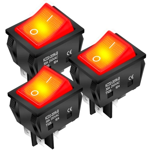 DaierTek 30A 250V KCD2 KCD4 Rocker Switch DPST 4 Pin Red Lighted 120V Rocker Toggle Switch ON Off Heavy Duty T125-3Pack