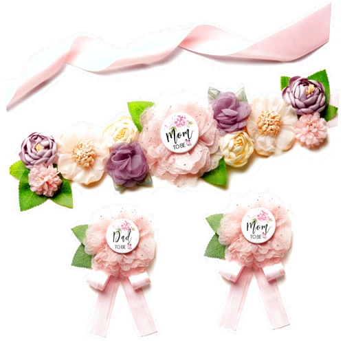 Kadamii Baby Shower Maternity Sash Belly Belt-Pink & Purple Flower Sash Set Mom to Be & Dad to Be Corsage Pins for Gender Reveal