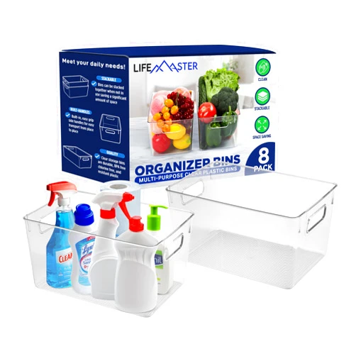Lifemaster Multi-purpose Refrigerator Bins - 8 pieces Large Capacity Stackable Fridge Bin Organizer with Easy Grip Handles - Clear
