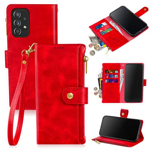 Antsturdy Compatible with Samsung Galaxy A52 5G/4G Wallet case with Card Holder for Women Men Phone case RFID Blocking PU Leather Flip Shockproof Cover with Strap Zipper Credit Card Slots,Red