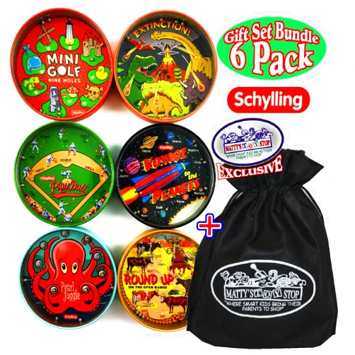 Schylling Classic Tin BB Puzzle Games Complete Gift Set Bundle with Exclusive Matty's Toy Stop Storage Bag - 6 Pack