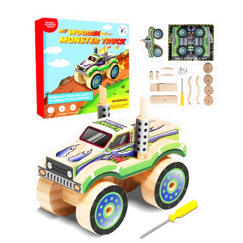Little Jupiter DIY Wooden Kits w/ Stickers - Kids Building Kit - Stem Building Toys - Wood Crafts for Kids - Building Kits for Kids - Woodworking Kits for Kids - Wood Building Kits for ages 4-7 (Monster Truck 2)