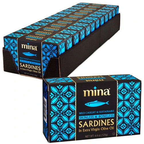 Mina Sardines, Skinless & Boneless Sardines in Extra Virgin Olive Oil, 4.4 Ounce Wild Caught Sardines, Packed By Hand, Low Sodium, High in Protein, Keto, Paleo, Sardines in Olive Oil (Pack of 12)