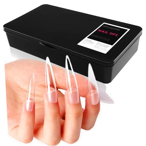 WELLQUINN Stiletto Nail Tips, 360PCS Full Cover Clear ABS False Nails for Acrylic Nails, DIY Nail Art & Manicure Salon, 12 Sizes