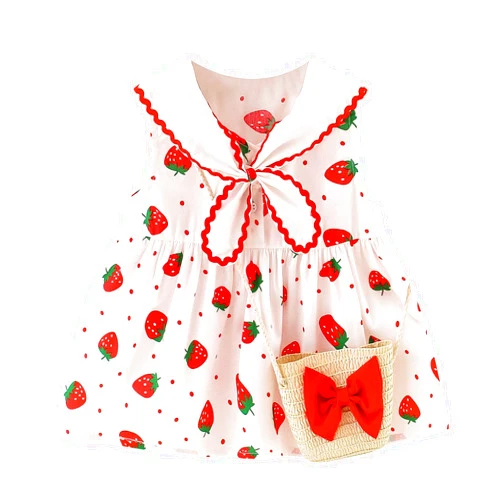 Muzuld 1-4T Infant Girls Sleeveless Strawberry Dot Print Dress Baby Girls' Summer Cute Lapel Tie Dresses with Bag