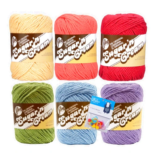 Bella's Crafts Lily Sugar'n Cream 100% Cotton Yarn 6-Pack Bundle with Bella's Crafts Stitch Markers (Spectrum)