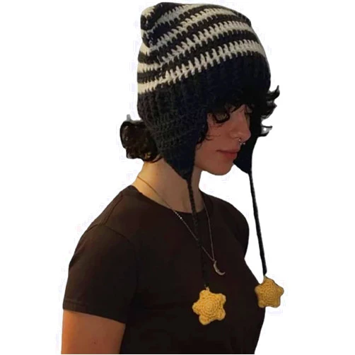 Zocvyi Cute Cat Ear Beanie Hat with Pompom,Striped Knitted Beanie Trendy Slouchy Beanies for Women Y2k Accessories