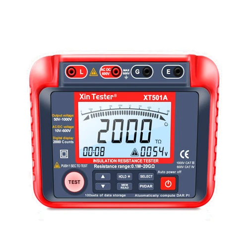 Xin Tester 1000V AC DC Insulation Resistance Tester, 2000 Counts 50V/100V/250V/500V Megohmmeter 10GΩ High Voltage Auto Ranging Auto Earth Grounding Resistance Meter with LCD Display, XT501A