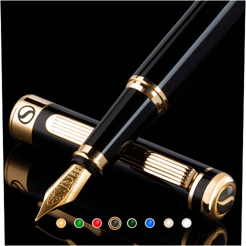 Scriveiner Black Lacquer Fountain Pen - Stunning Luxury Pen with 24K Gold Finish, Schmidt 18K Gilded Nib (Extra Fine), Best Pen Gift Set for Men & Women, Professional, Executive, Office, Nice Pens