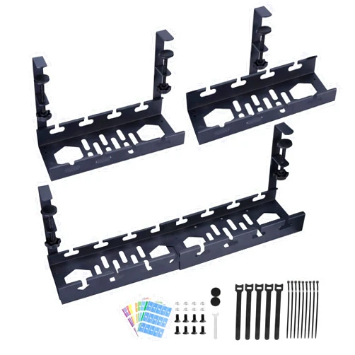 Henitol Extendable Under Desk Cable Management，No Drilling Metal Under Desk Cable Tray with Clamp，Retractable Power Strip Cord Holder for Cable Management Under Desk