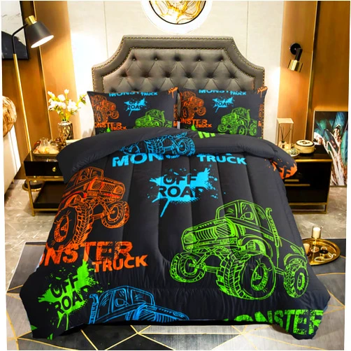 QOOMO Truck Comforter Twin Size,Black Truck Kids Comforter Set,Cars 3Pcs Bedding Set Printed Comforter with 2 Pillowcases,Down Alternative,Soft and Lightweight,for All Seasons