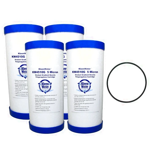 KleenWater KW4510G Dirt Rust Sediment Filter Multi-Pack, Whole House Water Filter Replacement Cartridge, Set of 4, PWFRG357 O-Ring, Qty 1