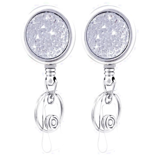 TANOSII Bling Rhinestone Retractable ID Badge Reels Retractable Badge Holder with Keychain，Badge Clip and Retractable Rope for Doctor Nurse Office Staff 2 Packs White