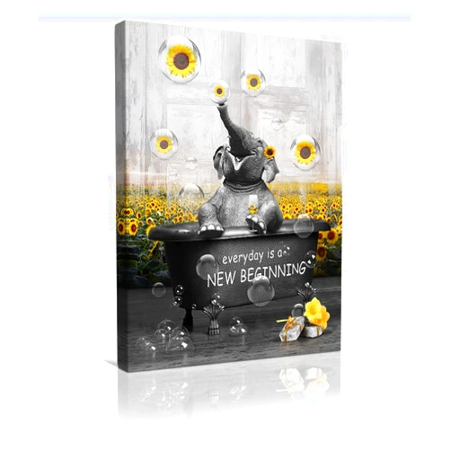 BOLDROLE Elephant Wall Art Farmhouse Bathroom Wall Decor Funny Animal Sunflower Elephant Bathing In The Bathtub Black And White Elephant Pictures Canvas Wall Art Framed Artwork For Bathroom Decor 8