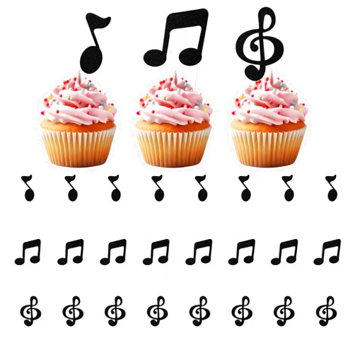 Psyqtsuary 24 PCS Music Cupcake Toppers, Black Glitter Music Notes Cupcake Toppers Music Notes Party Decorations Musical Symbol Cupcake Picks for Rock Music Cake Topper for Baby Shower Concert Music Themed