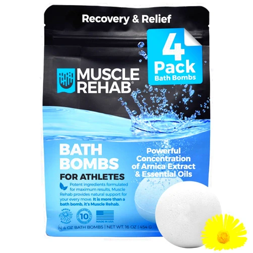 Muscle Rehab Epsom Salt Magnesium Bath Bombs – Muscle-Recovery Bath Soak for Aches & Tension with Arnica, Clary Sage, & Eucalyptus – Fast-Absorbing Muscle Soak for Exercise, Gifting, & Muscle Rehab, 4 Bombs
