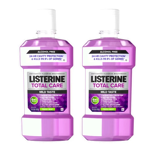 Listerine Total Care Alcohol-Free Anticavity Mouthwash, 6 Benefit Fluoride Mouthwash for Bad Breath and Enamel Strength, Fresh Mint Flavor, Twin Convenience Pack, 2 x 1 L