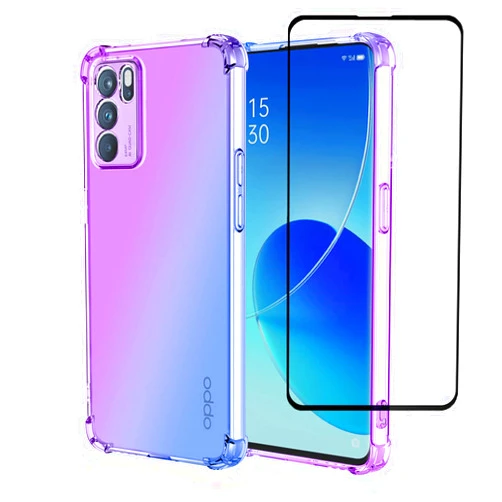 SHYXGLON for OPPO A16 Case, OPPO A16S Case and Screen Protector Tempered Glass Transparent Ultra Thin Glitter Bumper Anti-Yellow Shockproof Crystal Clear Cover for OPPO A16/A16S (Purple/Blue)