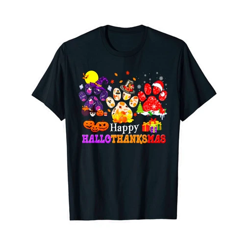 Funny Cat Dog Paw Print Hallothanksmas 2022 Shirt Paw Cat Happy Hallothanksmas Halloween Thanksgiving Xmas T-Shirt