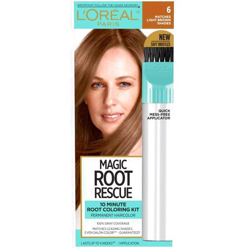 L'Oreal Paris Magic Root Rescue 10 Minute Root Hair Coloring Kit, Permanent Hair Color with Quick Precision Applicator, 100 percent Gray Coverage, 6 Light Brown, 1 kit (Packaging May Vary)